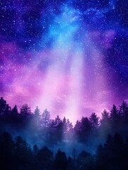 A mesmerizing night sky filled with stars and colorful auroras above a dark silhouette of trees.