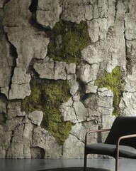 Rustic Interior Design Mossy Rock Wall with Modern Chair, Raw Texture and Natural Elements.