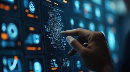 Futuristic Engineering Control Room featuring Advanced AI Powered Digital Dashboards and Monitoring Systems for Complex Industrial Technology