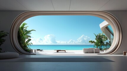 Fototapeta premium Futuristic AI driven beachside resort featuring modern architecture holographic displays and panoramic views of the tropical ocean and sky This cutting edge hospitality destination blends technology