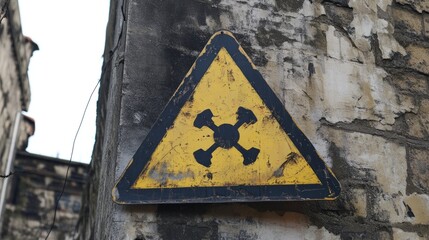 Aged Radioactive Warning Sign on Weathered Wall