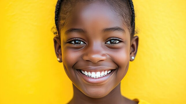 A joyful African-American girl? bright smile radiates warmth and happiness.