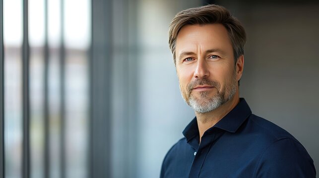 Modern businessman exudes confidence and professionalism in a deep blue shirt.