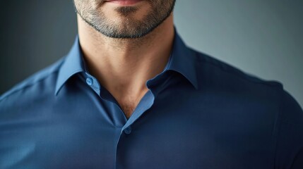 Modern businessman exudes confidence and professionalism in a deep blue shirt.
