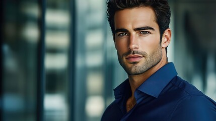 Fototapeta premium Modern businessman exudes confidence and professionalism in a deep blue shirt.