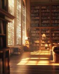 Sunlit Vintage Library Interior with Bookcases, Leather Sofa, and Grand Windows.