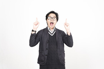 Shocked Surprised and pointing up for copy space advertising Of Handsome Asian Man Isolated On White Background