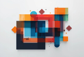 Interlocking geometric shapes (squares, triangles, circles), vibrant contrasting colors, unity and cooperation theme, clean background, modern minimal vector style