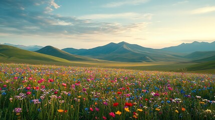 Fototapeta premium Vibrant wildflower meadow with mountains under a bright sky at sunset.