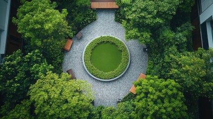 Aerial view of a circular garden with green grass surrounded by trees and stone pathway.