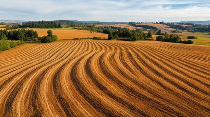 Fototapeta premium Aerial view of rolling farmland with plowed fields.
