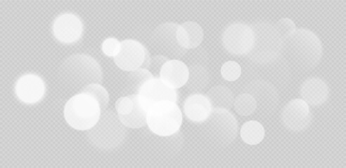White bokeh, blurred grey background with sparkling lights, blurry glitter effect. Bright soft abstract background. Vector illustration.