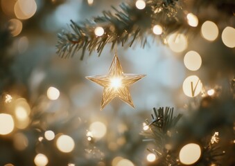 Glowing Golden Star Ornament Hanging on a Christmas Tree with Bokeh Lights.