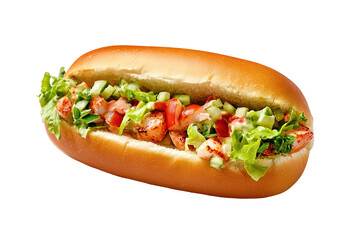 Sandwiches with salami, ham, cheese, and tomatoes on parchment paper on white background