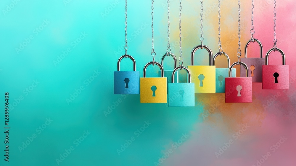 Poster a row of colorful locks hanging from a chain