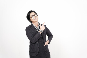 Smiling and Pointing aside for copy space advertising Of Handsome Asian Man Isolated On White Background