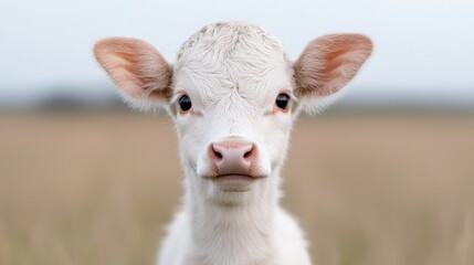 Close-up of a cute white calf in a field