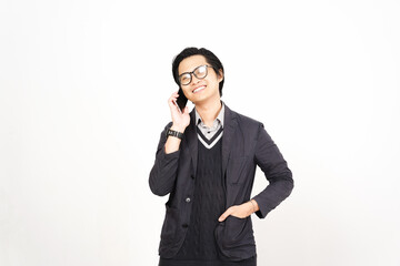 Smiling happy while on phone Of Handsome Asian Man Isolated On White Background