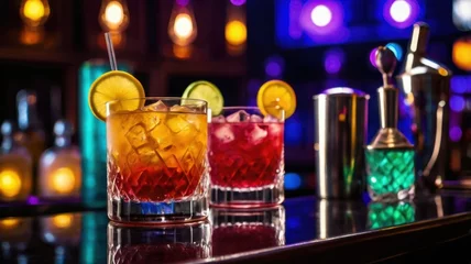 Colorful Cocktails with Ice and Citrus Garnish on Bar Counter with Shakers and Bottle in Background