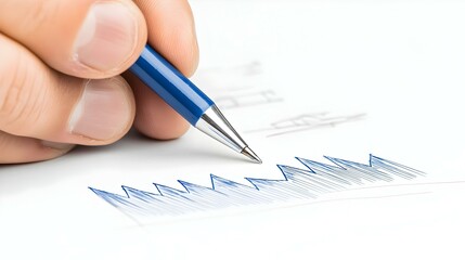 Virtual graph with blue upward trend, handwritten notes illustrating data analysis, emphasizing growth and strategic planning.