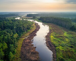Aerial View of a Misty Tropical Rainforest River in Borneo with Deforestation, Sunrise.
