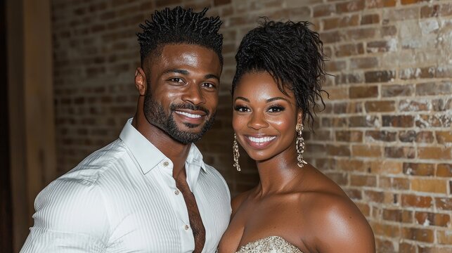 Couple smiling, brick wall background, indoor portrait. Possible use social media post