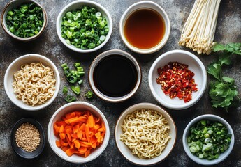 Fresh and Colorful Ingredients for Delicious Asian Noodle Dish Preparation on Dark Background