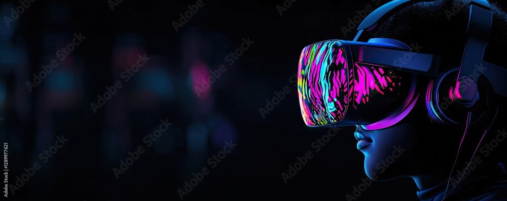 Poster futuristic virtual reality experience with neon lights in a dark setting enveloping users