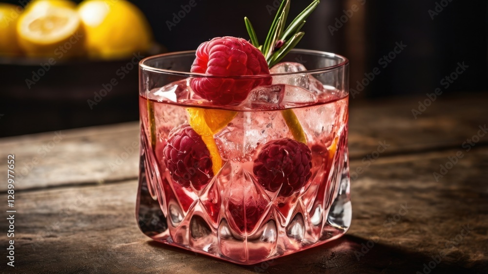 Poster raspberry citrus cocktail with ice cubes and rosemary garnish on a wood table in soft light