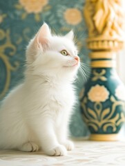 Fototapeta premium Adorable White Kitten on Windowsill with Roses and Parisian Castle View