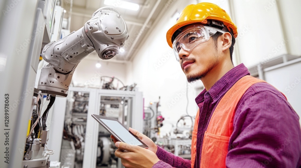 Poster engineer using tablet robotics smart factory industry 4 0 automation technology manu