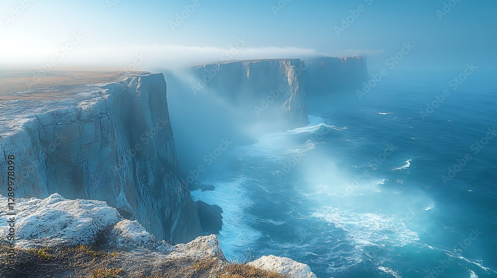 Poster misty cliffs meet the ocean in a tranquil, serene landscape with gentle waves lapping against the sh