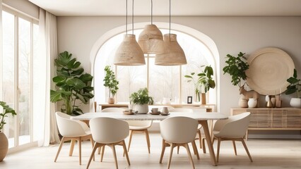 A well-lit dining room with large windows allowing natural light to ente