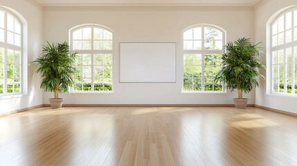 Fototapeta premium Bright and spacious modern room with large windows and green plants ideal for events