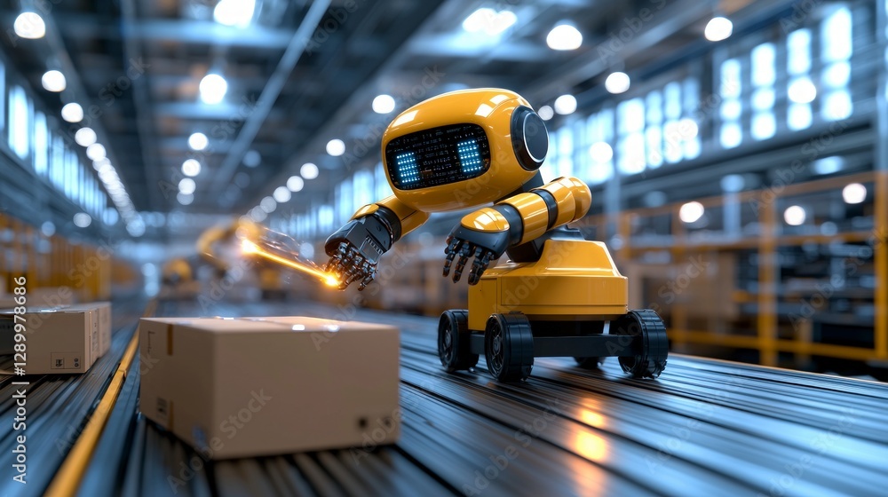 Poster smart robot handling packages on conveyor belt in factory