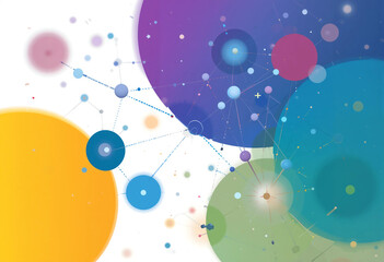 Interconnected network nodes, dotted lines connecting circles, gradient tech-inspired palette, teamwork and connectivity symbol