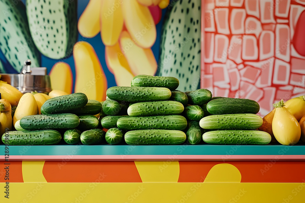 Poster vibrant display of fresh cucumbers and lemons against colorful backdrop creating eye catching scene
