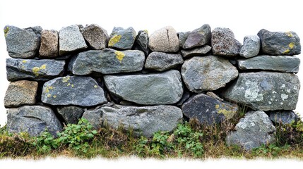 Dry stone wall, grey rocks, green grass, isolated on white.