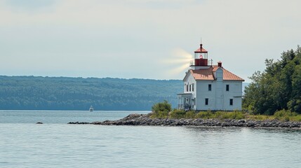 Colorful Lighthouse with Rays of Light Shining to Sea