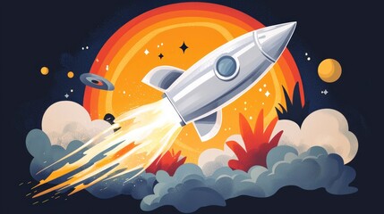 Cartoon Spaceship Launching into Space  Cosmic Adventure Illustration