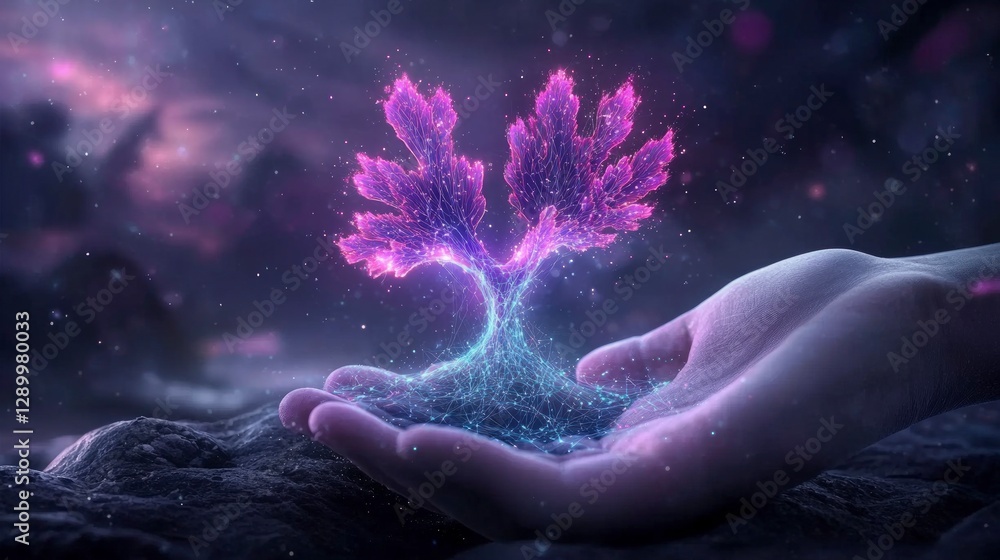 Poster glowing digital tree in hands network connection innovation technology