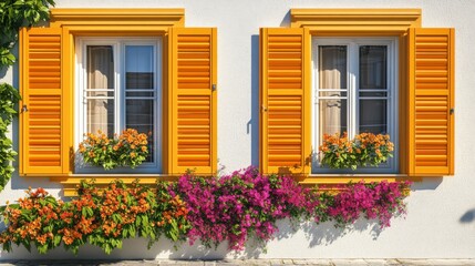 Colorful Shutters on a Bright White House with Flowers