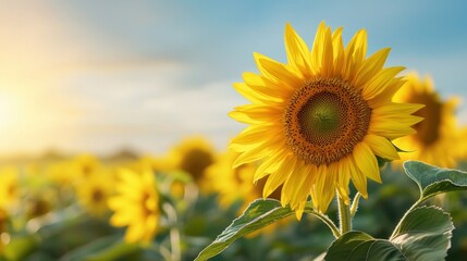 Obraz premium Vibrant sunflower in a golden field at sunset