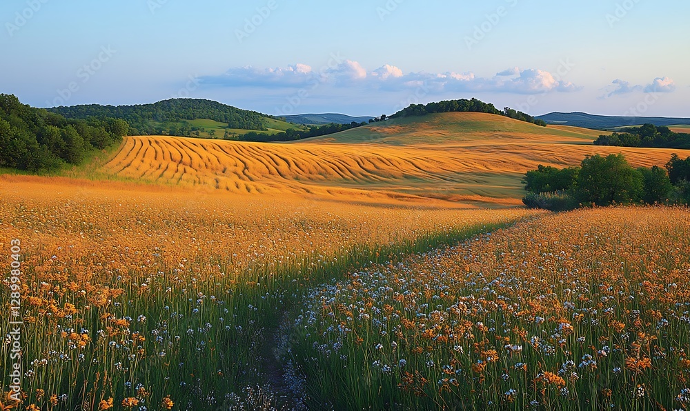 Poster expansive golden fields under a clear sky with rolling hills in the background.
