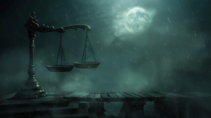 Ethereal Scales of Justice Under Moonlight in a Mystical Landscape