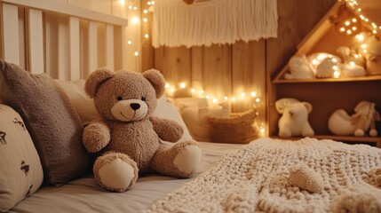 Teddy Bear on a Cozy Bed with String Lights