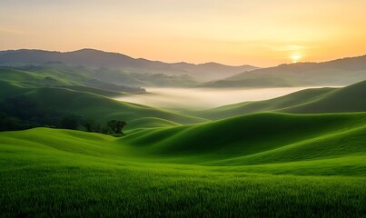 Obraz premium Serene landscape with rolling green hills, fog, and a warm sunrise in the background.
