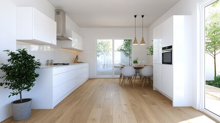 Fototapeta premium Modern white kitchen with outdoor view, ideal for magazine or website use