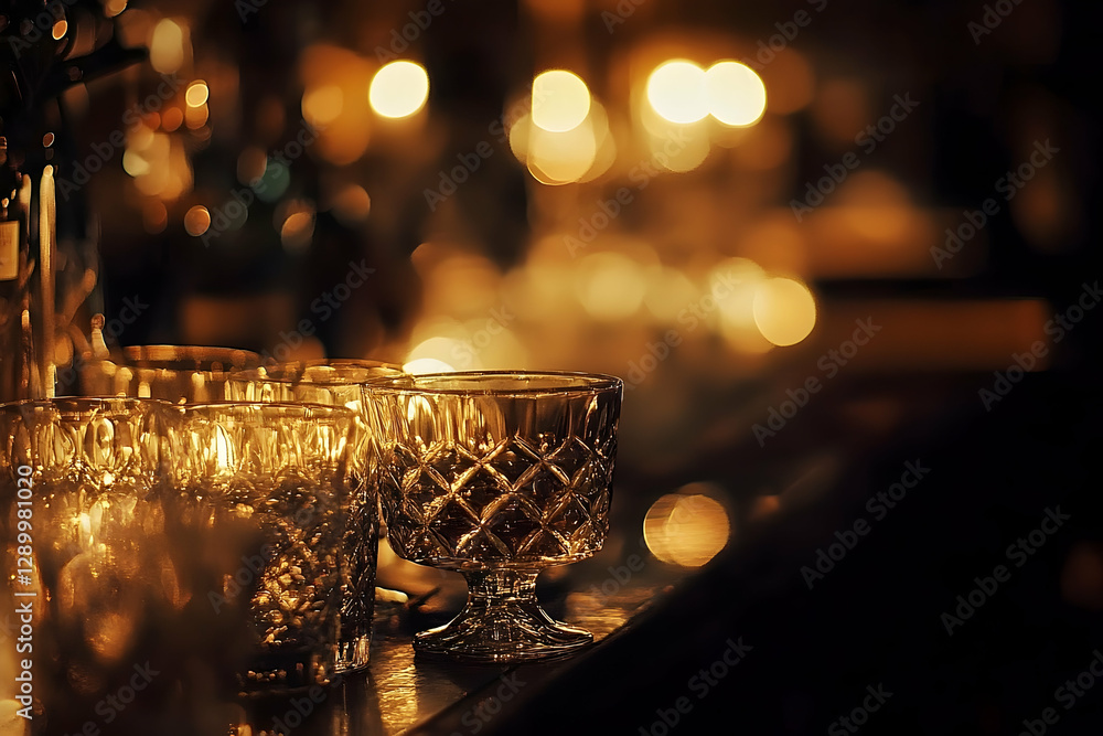 Poster elegant crystal glasses illuminated by warm bokeh lights creating an inviting atmosphere
