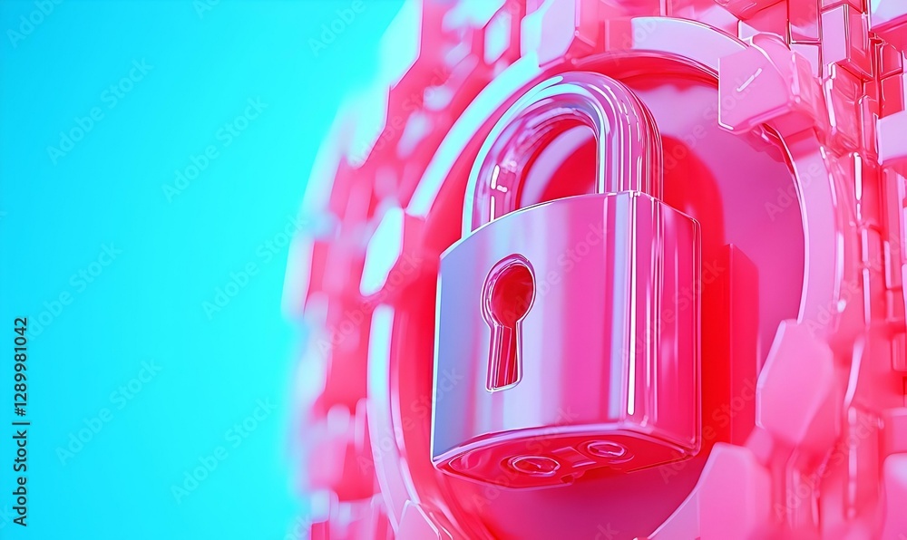 Poster secure access, an unlocked padlock symbolizing freedom, surrounded by password asterisks on a protec